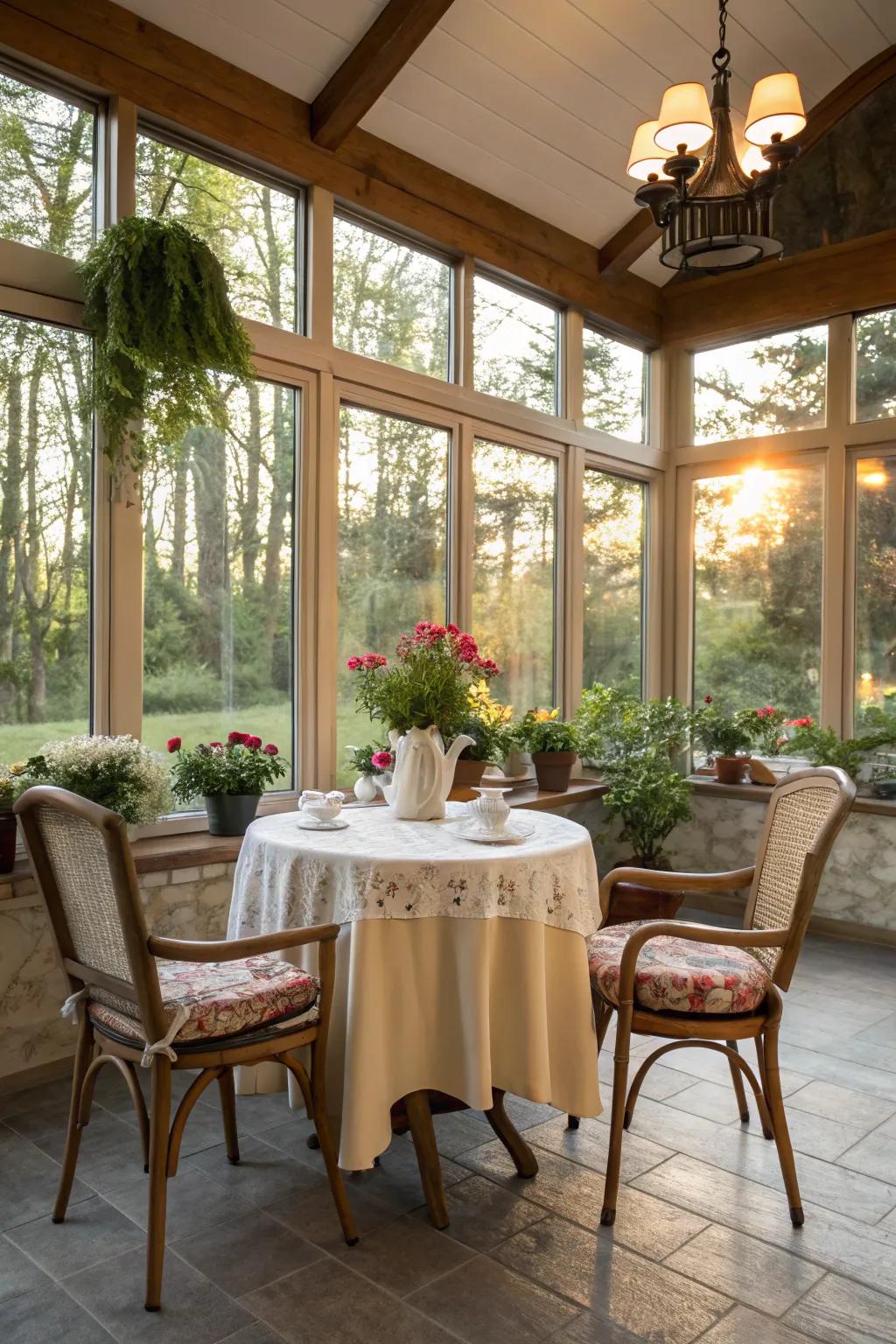 A sunroom dining area designed to capture the essence of natural light, bringing the outdoors in.