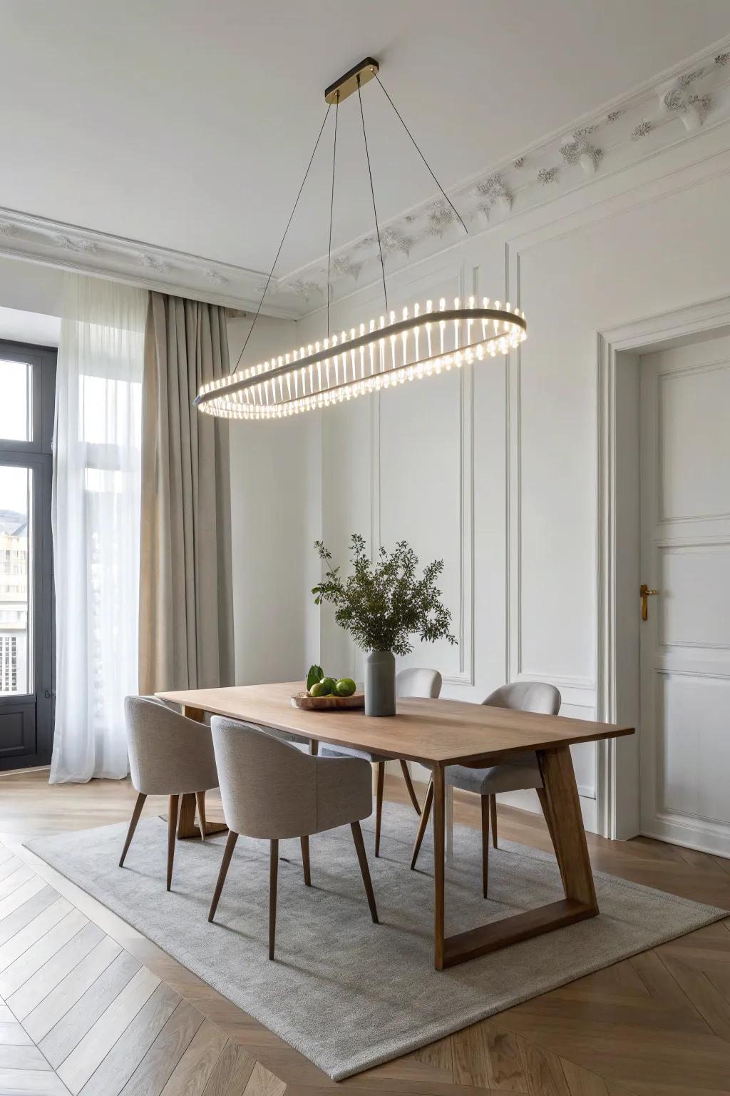 Contemporary minimalism at its finest, featuring a linear chandelier in an elegant dining setting.