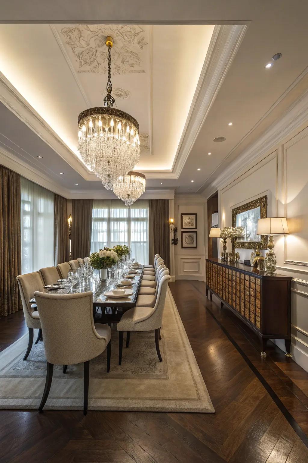 A classic hanging light lends refinement and flair to a dining space.