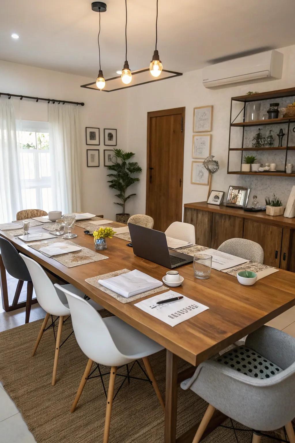 A versatile table is beautifully arranged to accommodate dining and work activities.
