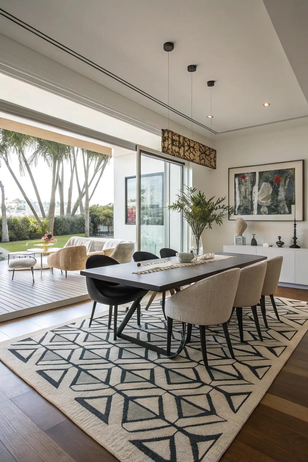 Include a modern element with a striking geometric rug.