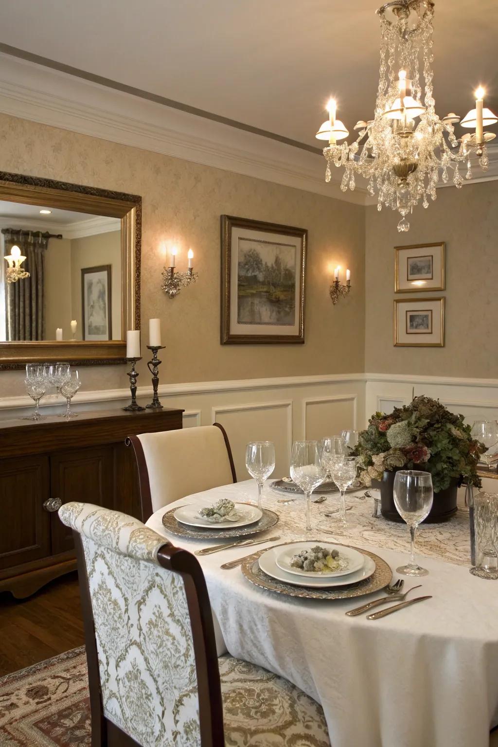 A classic dual-tone palette enriches the dining space with a touch of sophistication.