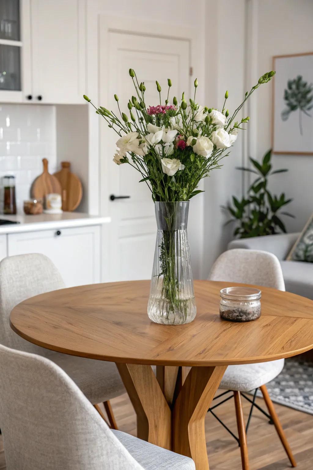 A simple yet impactful single vase centerpiece enhances the sophistication of any dining setting.