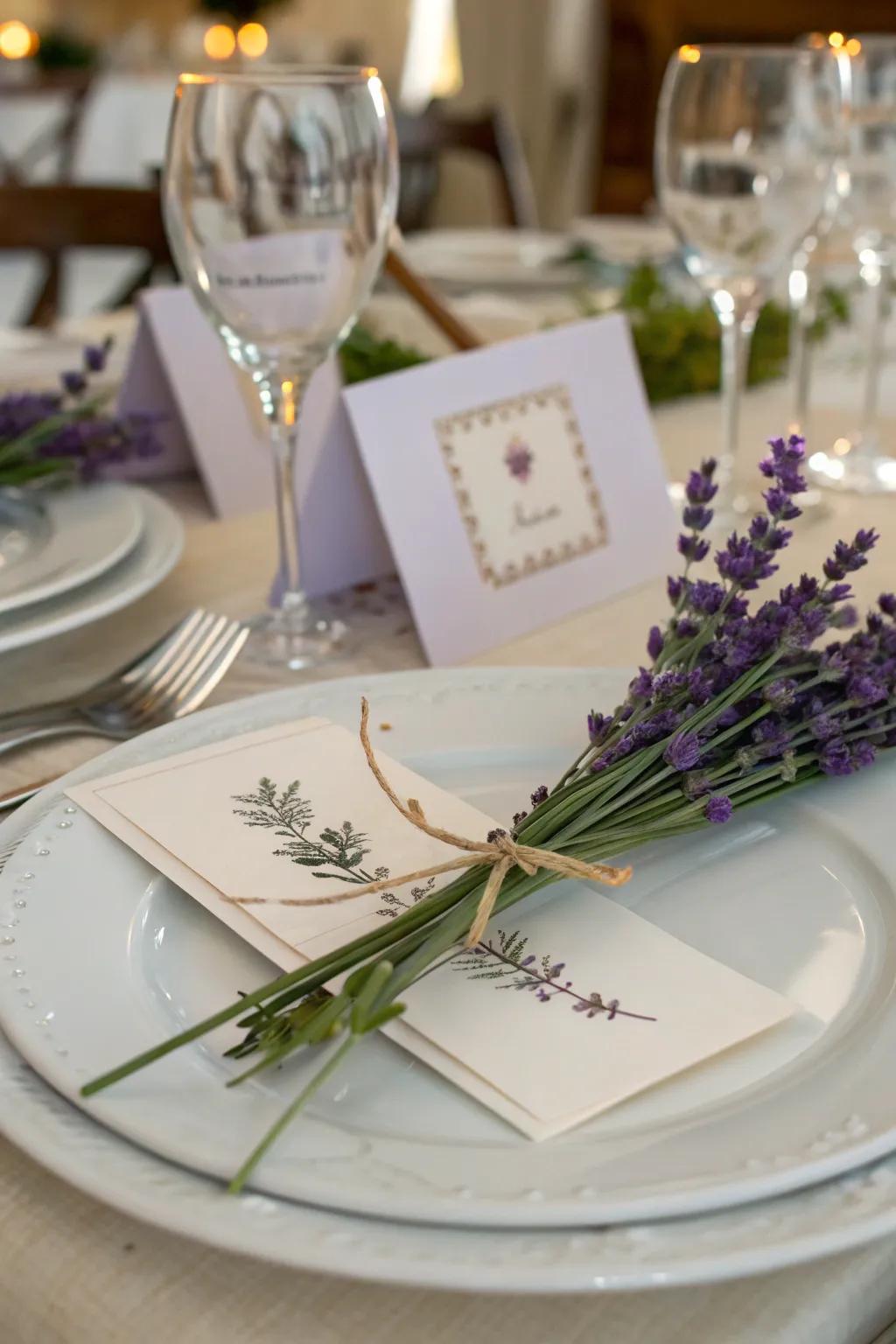Elevate your decor with place cards adorned with lavender.