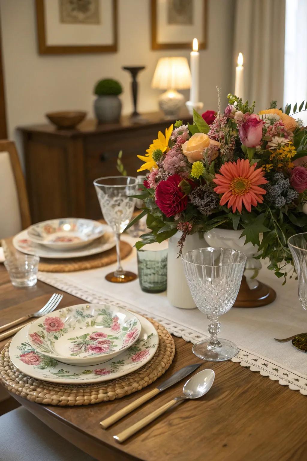 An eye-catching botanical centerpiece enhances the dinner table.