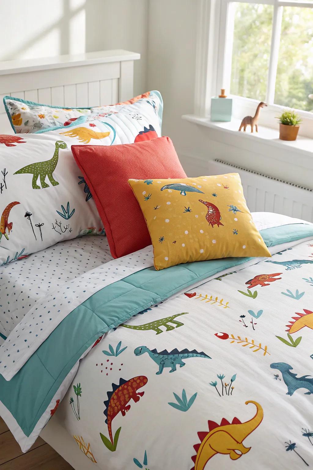 A bed dressed in dinosaur-themed bedding, creating a prehistoric haven perfect for little dino dreamers.