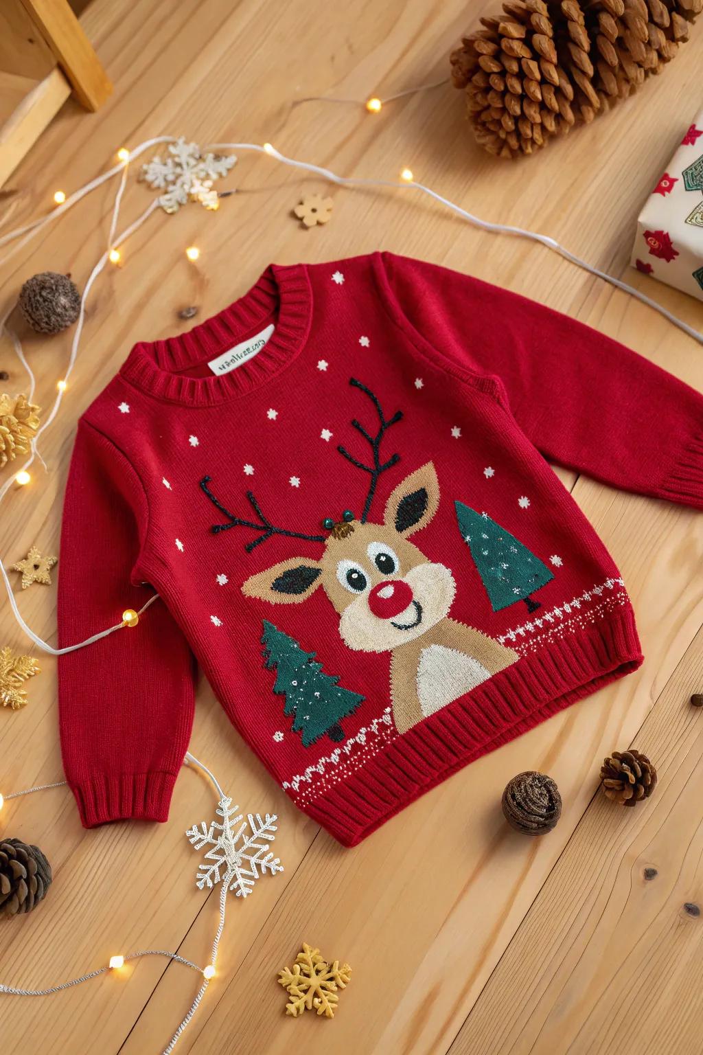 A whimsical reindeer sweater, ready for holiday cheer.
