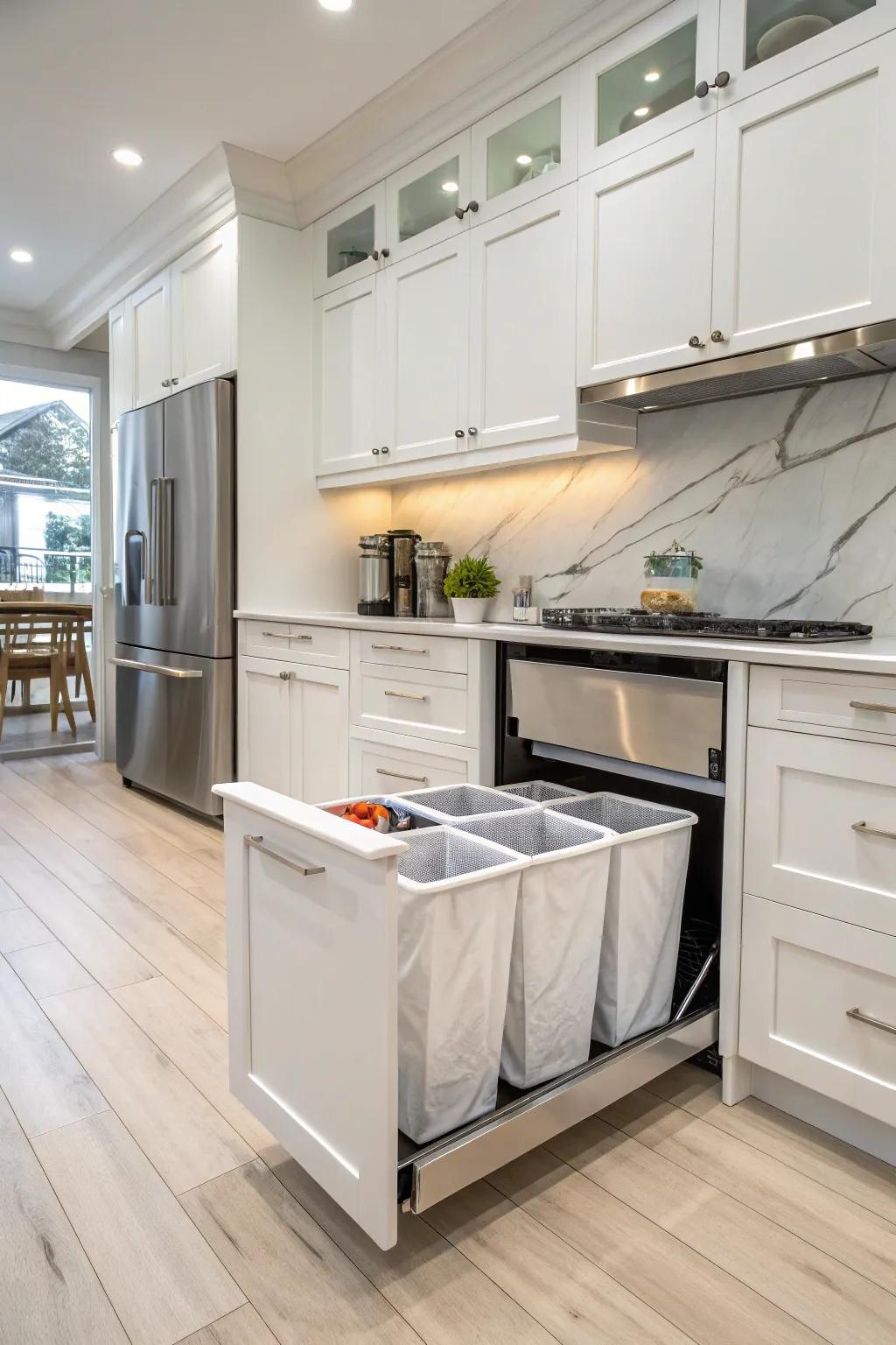 Bespoke cabinets are a classy way to hide laundry containers.