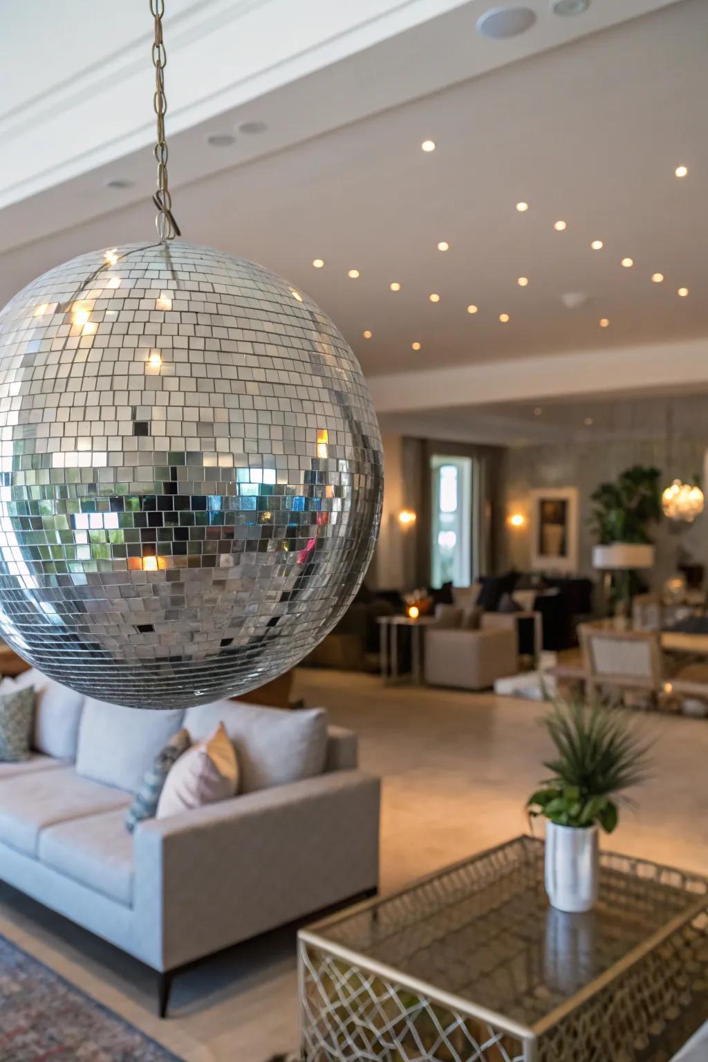 A large disco ball centerpiece establishes a timeless dance floor vibe in a stylish living area.