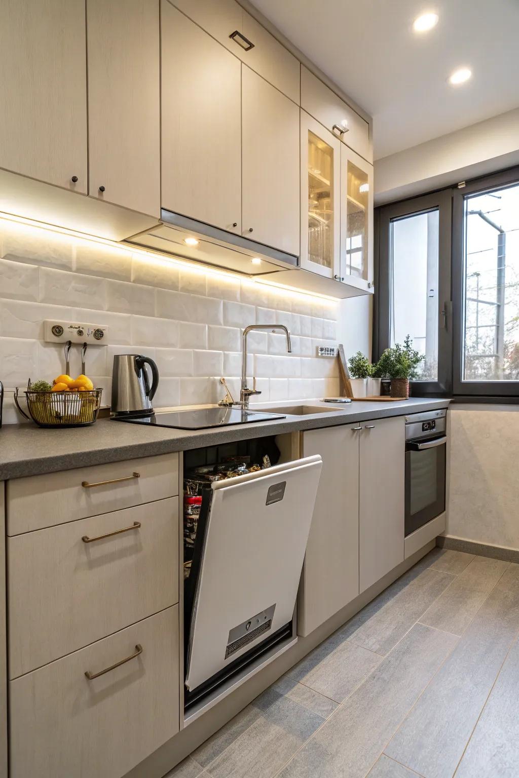 Washing gadget flawlessly fitted under the workspace surface in a compact cooking area.