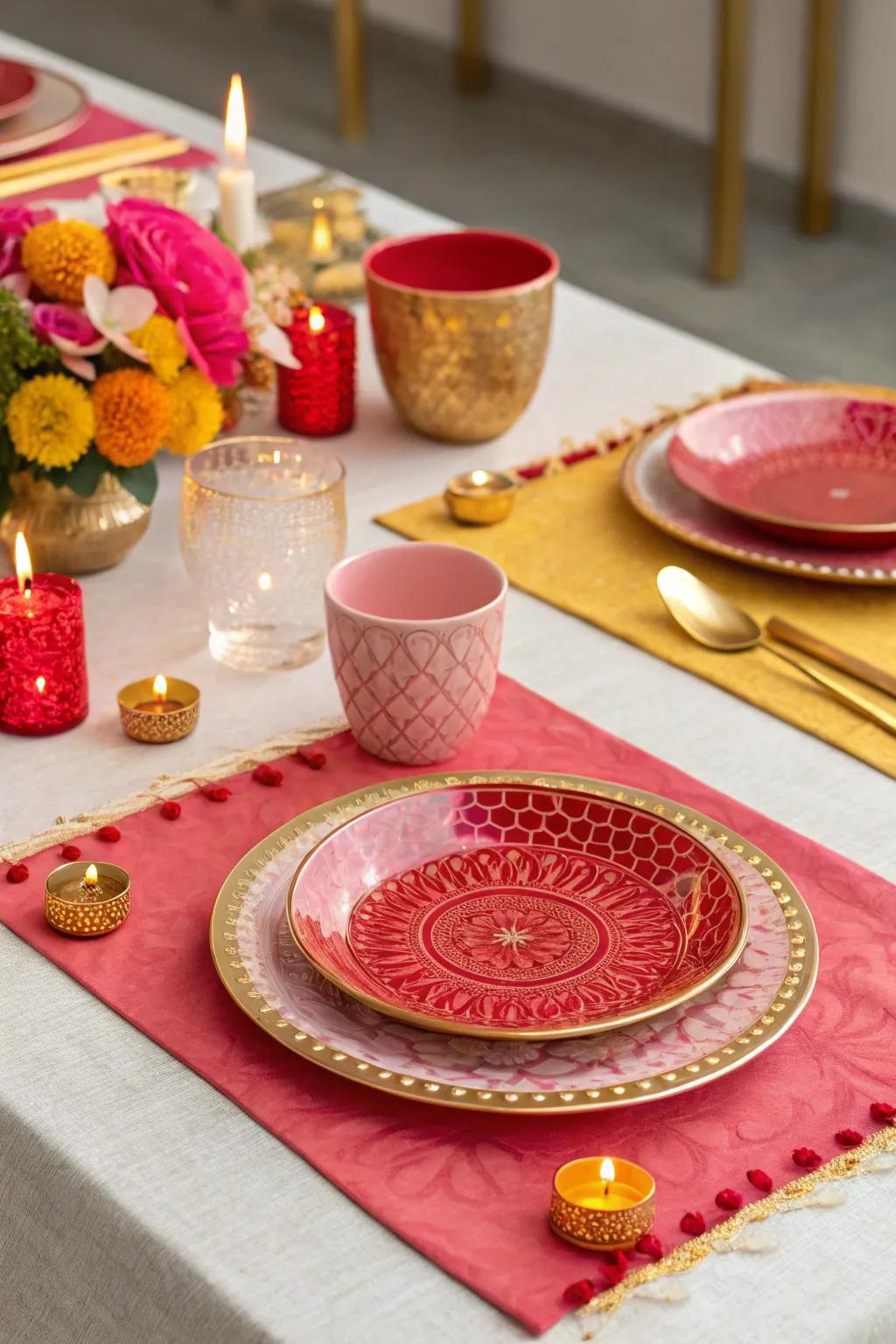 A Diwali table scene showcasing a vibrant color scheme of red, gold, and pink.