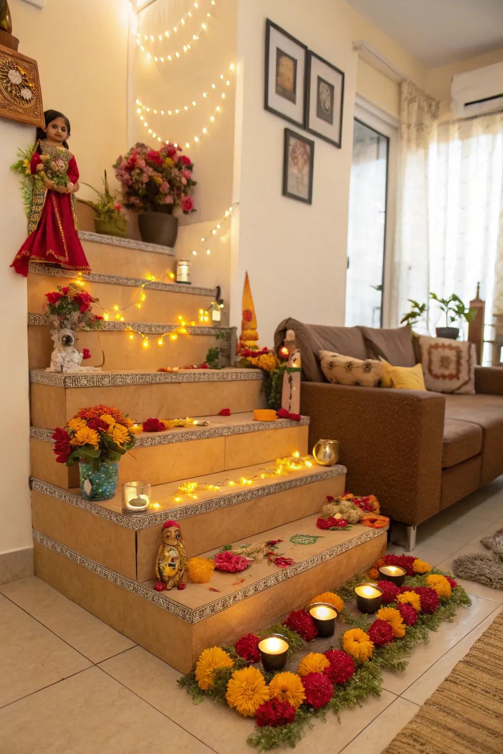 Cardboard tiers beautifully adorned for a festive Golu showcase.
