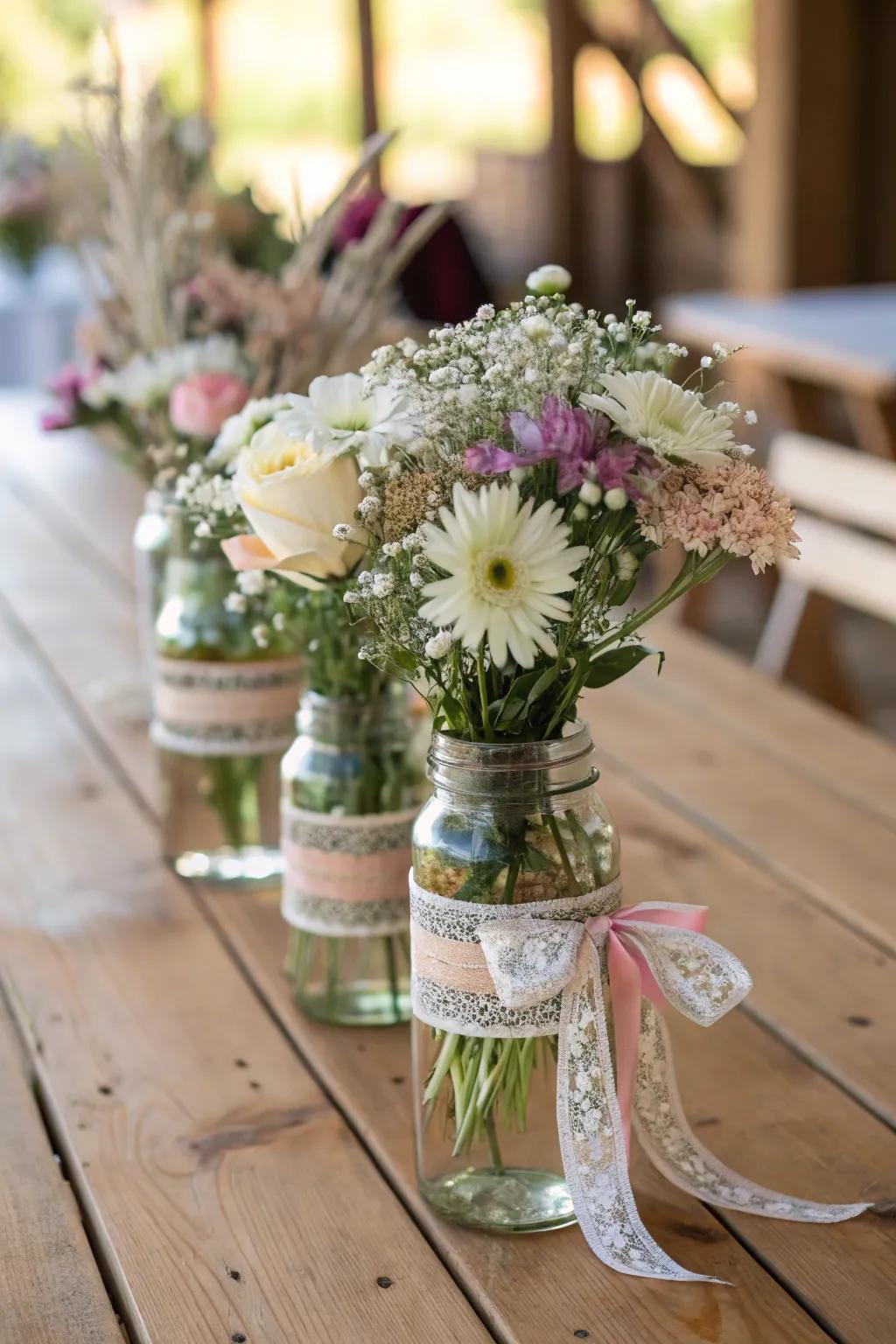 Outdoorsy appeal with jugs filled with striking flowers.