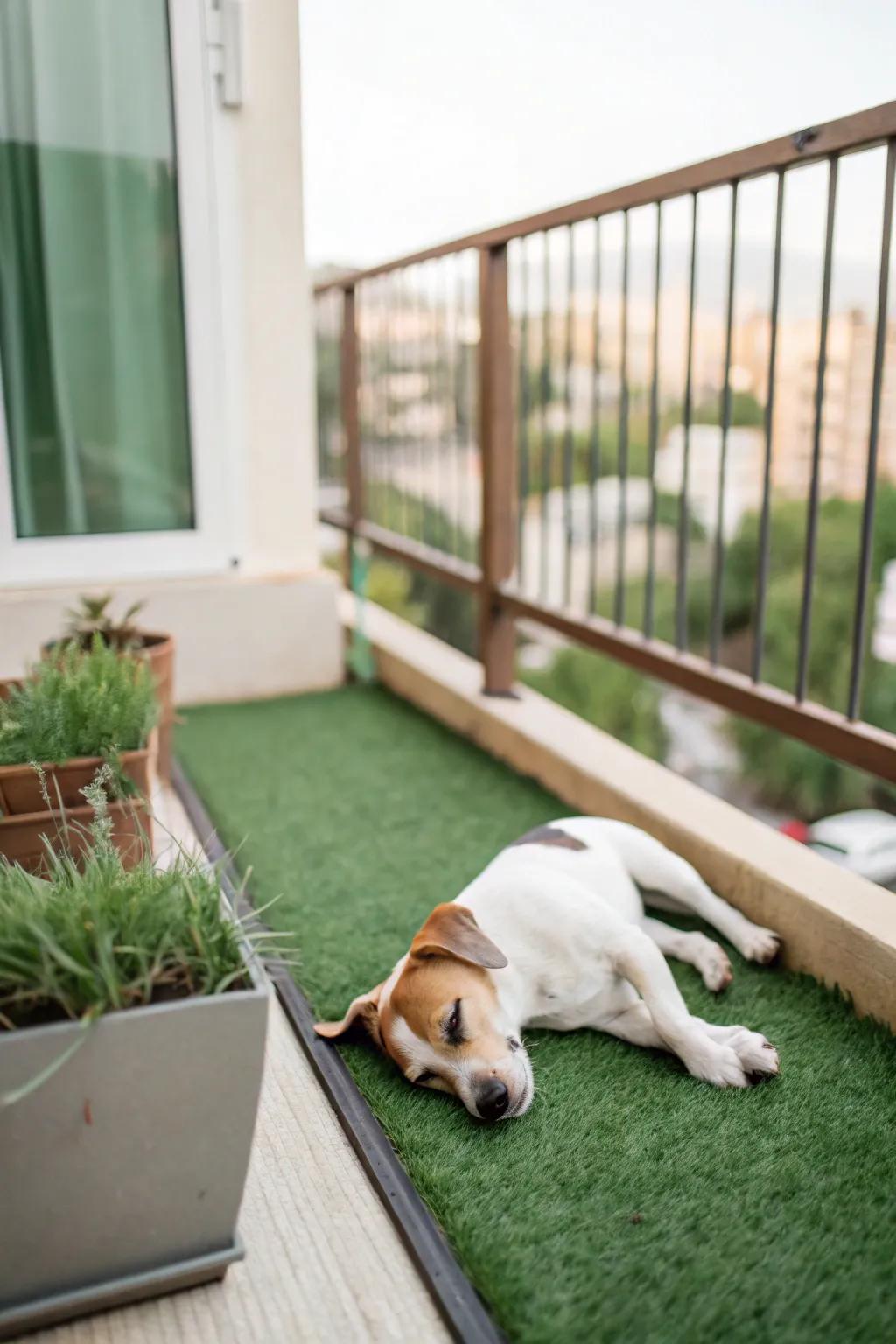 A comfy synthetic turf square gives dogs a hint of nature on the balcony.