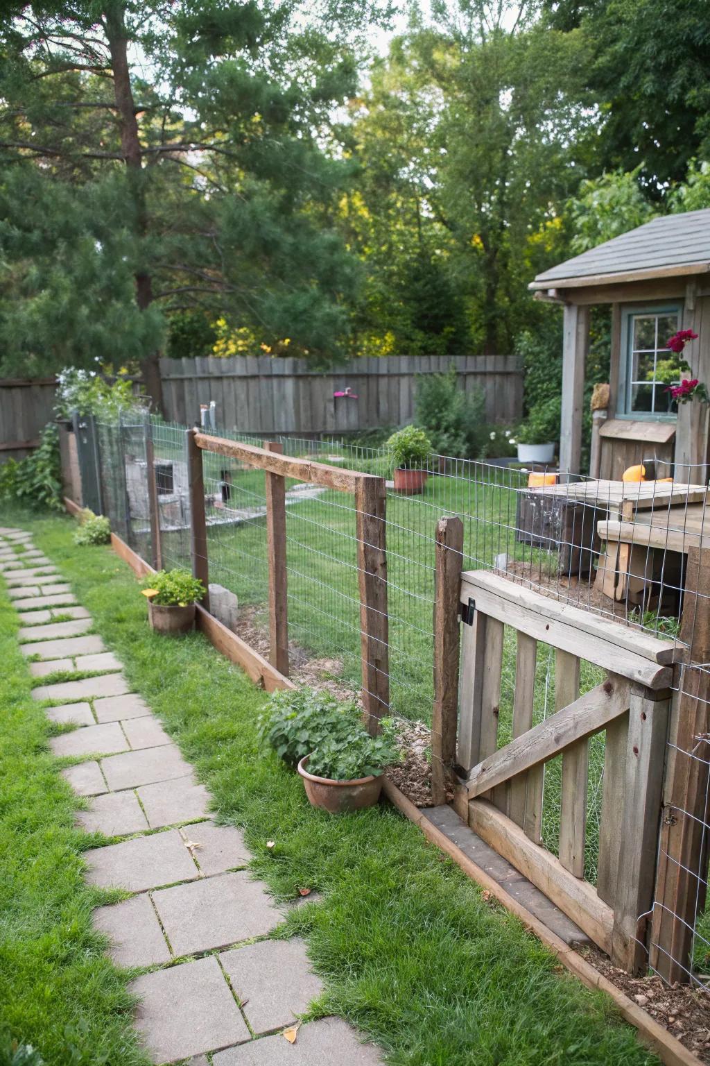 A charming wood and wire fence providing transparency and security for your furry friend.