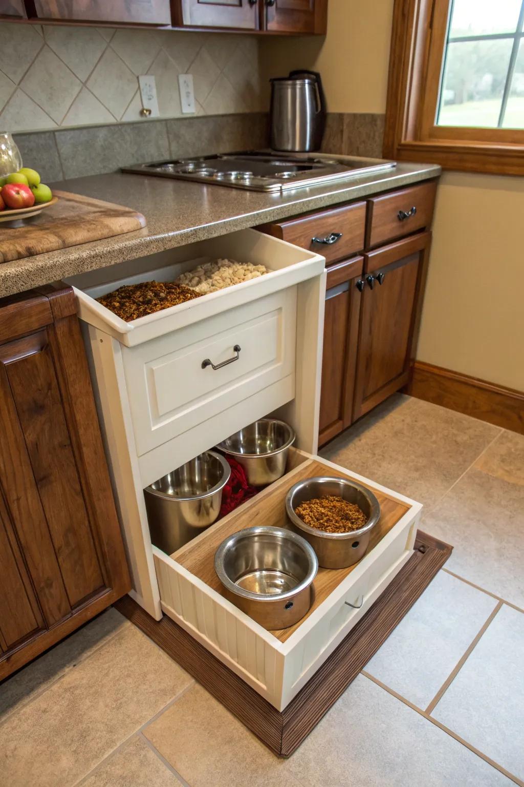 A custom dog food station blends practicality and flair, turning mealtime into a stylish affair.