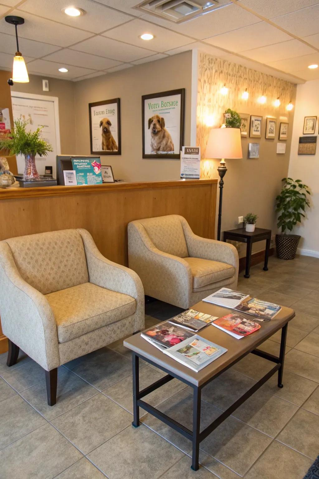 A welcoming reception space with comfortable seating and animal magazines.