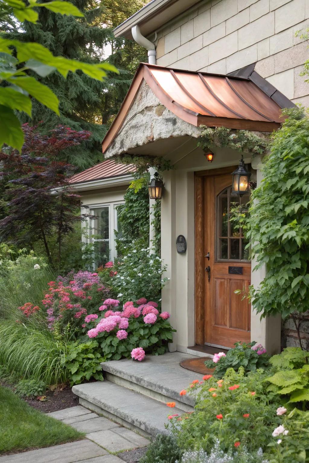 An exquisite bronze awning that matures with grace over time.