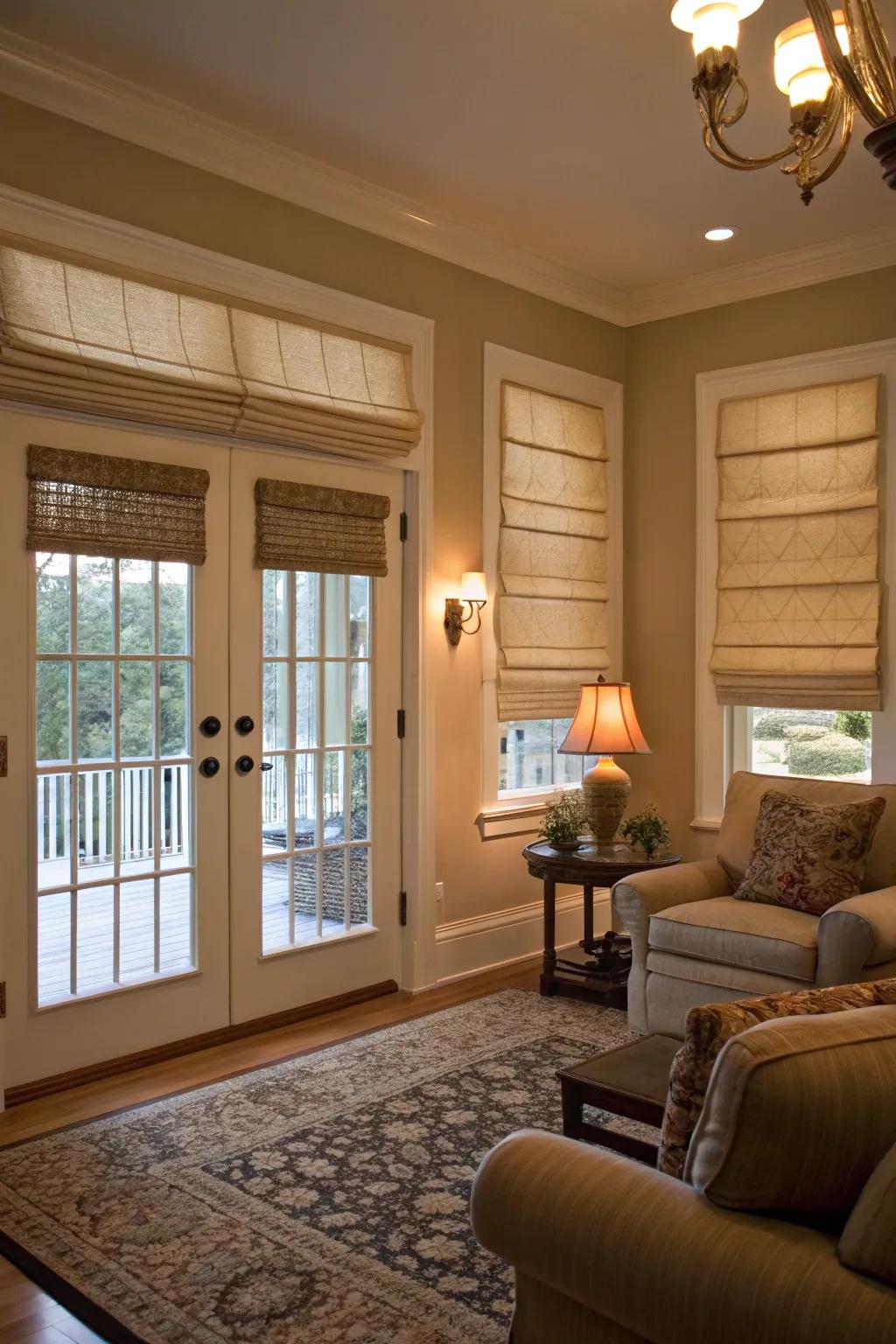 Roman shades provide a traditional look while ensuring privacy for your door windows.