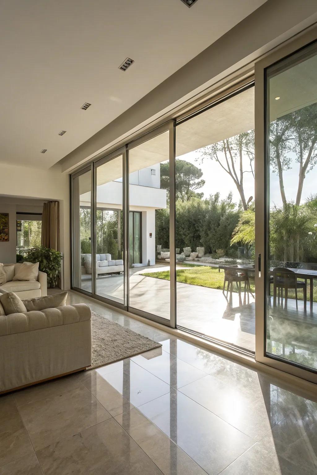 Create a spacious and well-lit atmosphere using gliding glass panels.