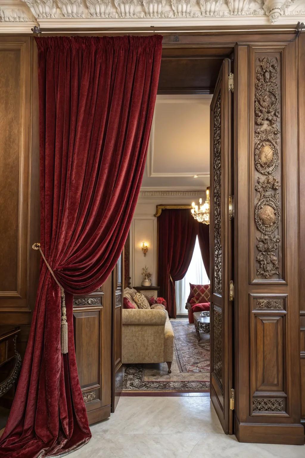 A plush velvet curtain elevates the ambiance of a living area.