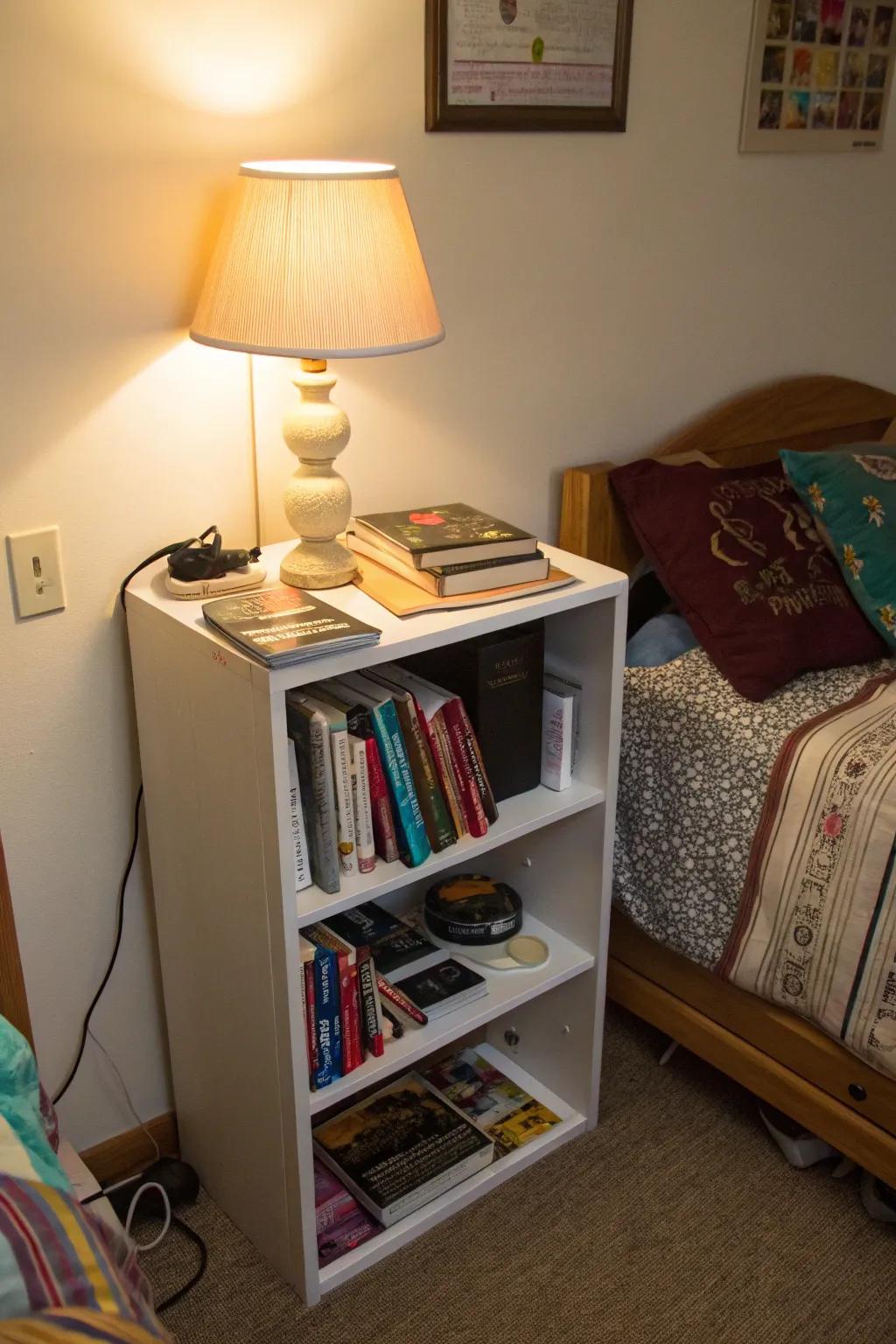 A small shelving unit provides a dash of style and extra storage in a dorm setting.