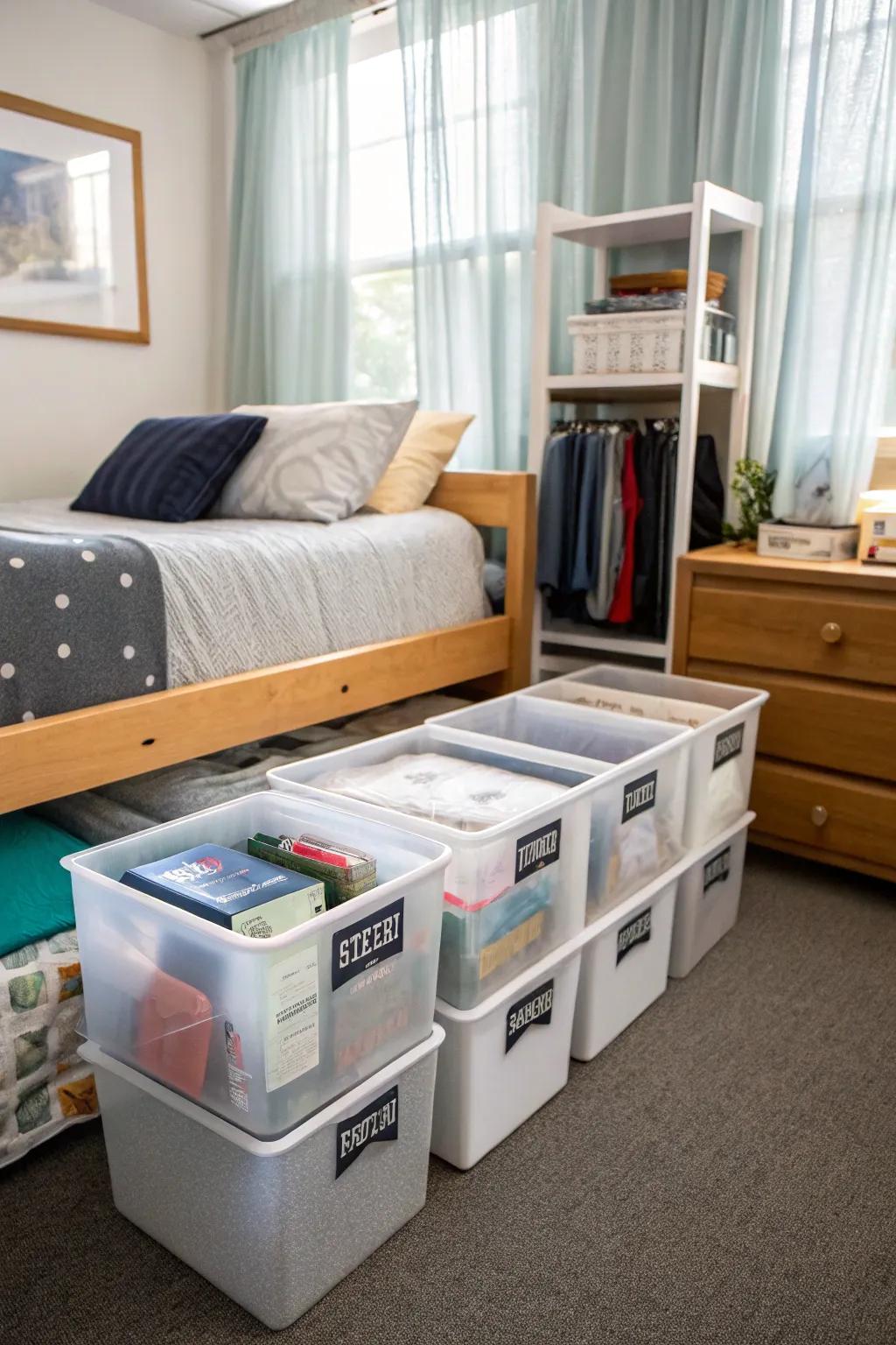 Get the best dorm arrangement possible by using effective under-bed storage options.