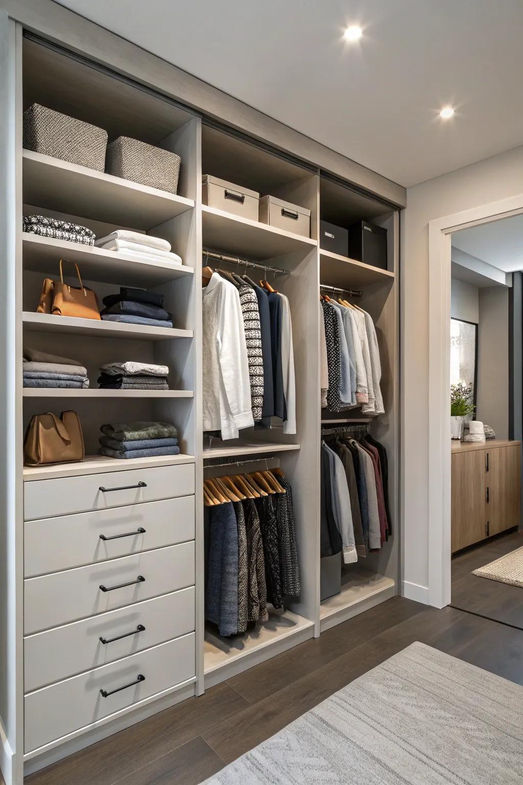 A double closet with a smooth mix of open shelving and hanging space for the ultimate organization.