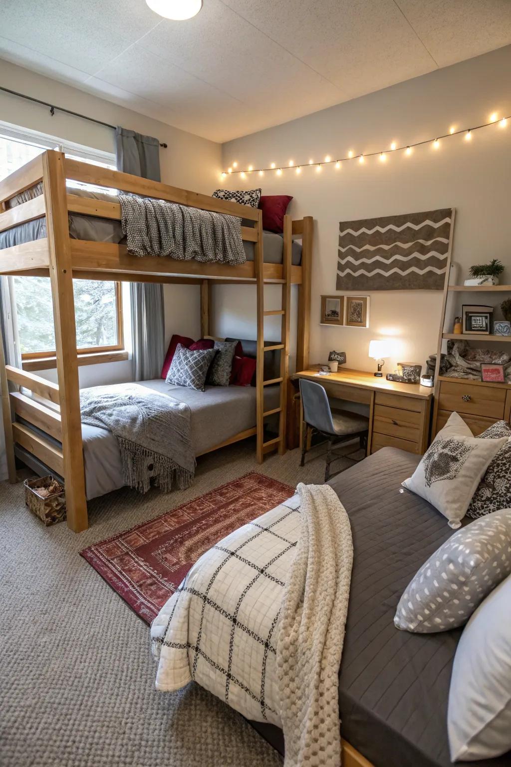 Elevated beds create extra area for a flexible living space.