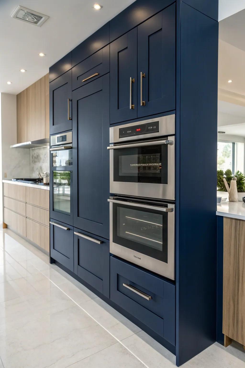 A vertical double oven cabinet displayed in a fashionable navy blue, adding richness and elegance to the space.
