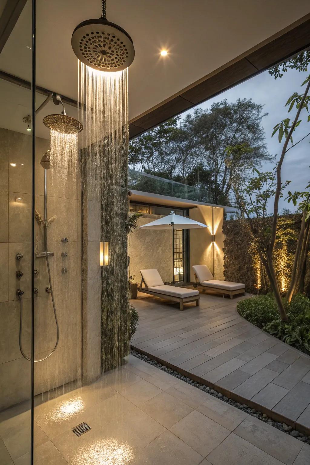 Create a calming spa-like bathroom with double rainfall showerheads.