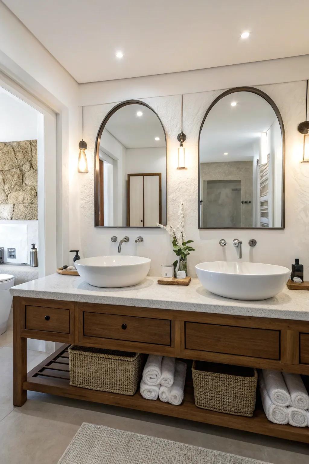 A contemporary minimalist bathroom featuring streamlined double sinks and subtle hardware.