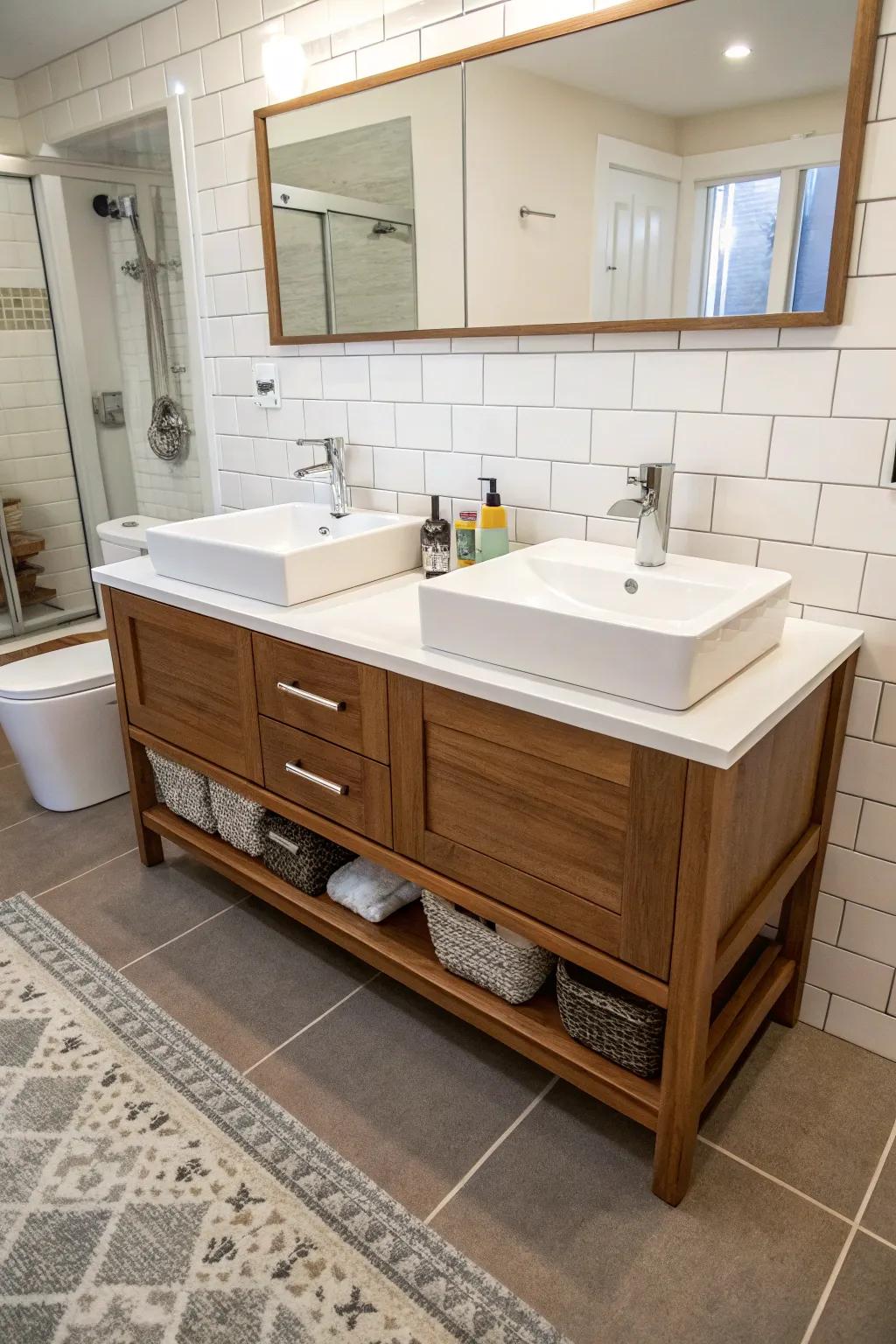 A wall-mounted vanity gives a modern and open look.