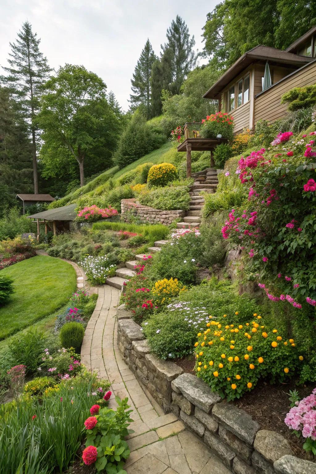 Tiered gardens introduce both organization and appeal to your inclined backyard.