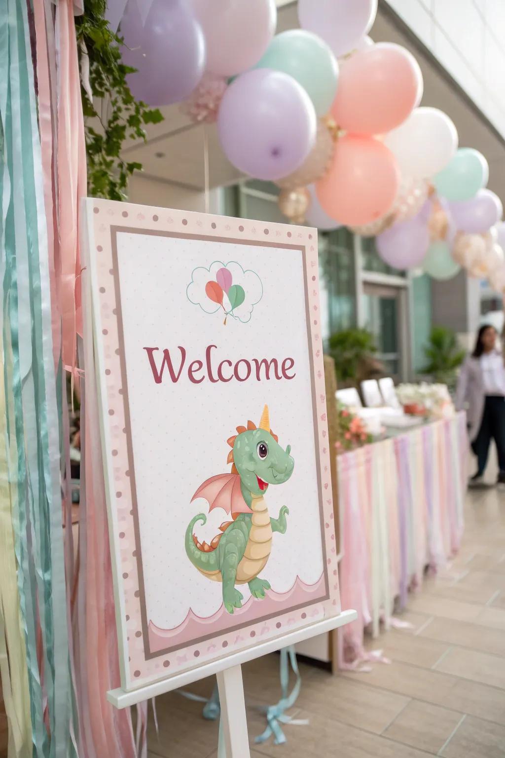 An adorable dragon-inspired welcome display greets those arriving.