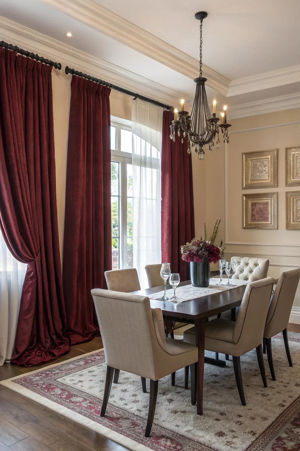 A dining room showcasing audacious scarlet draperies that infuse a burst of color and refinement.