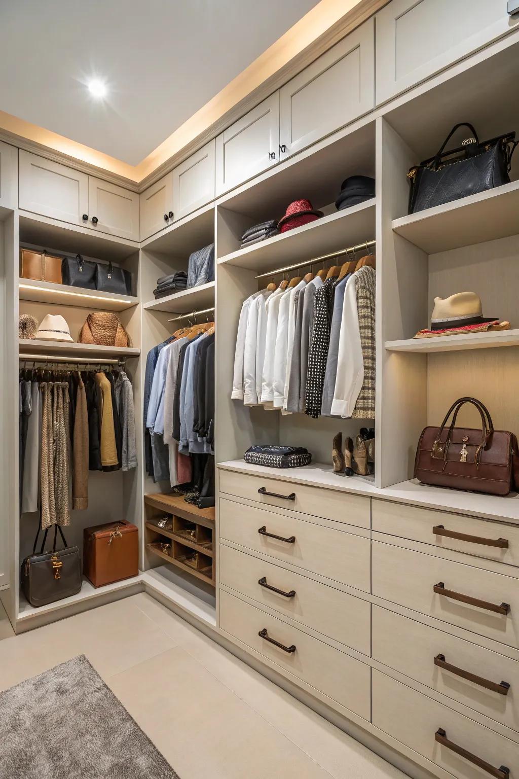 Custom-built closets are excellent for organization and efficient space usage in a dressing room.