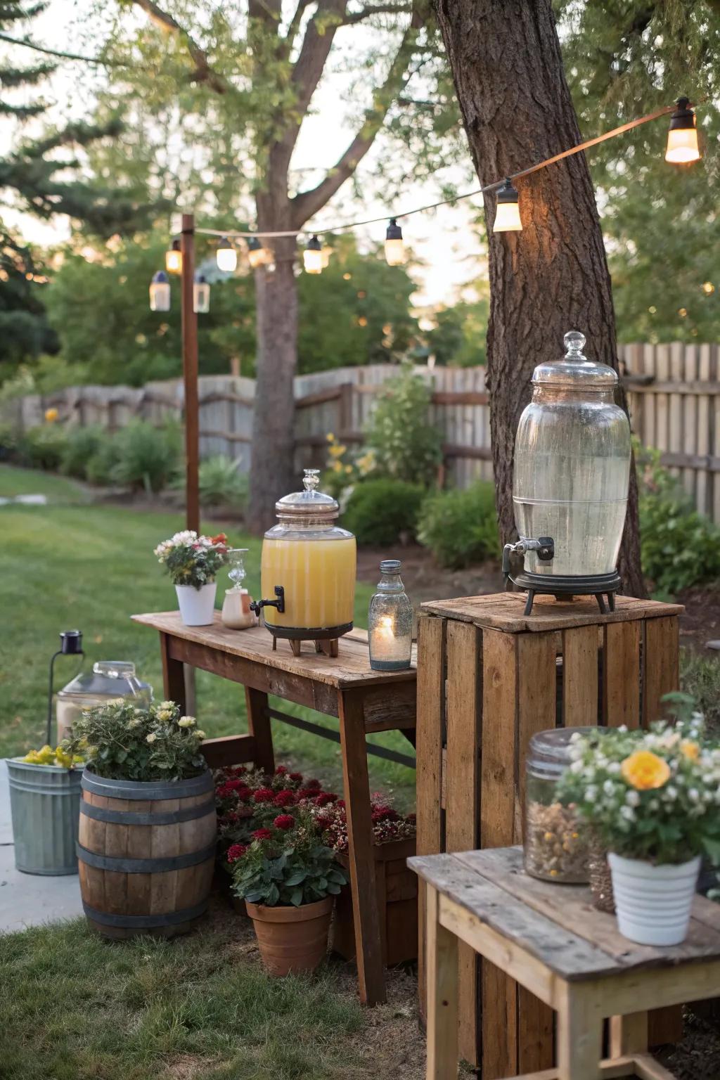 A rustic drink station, ideal for any backyard event.