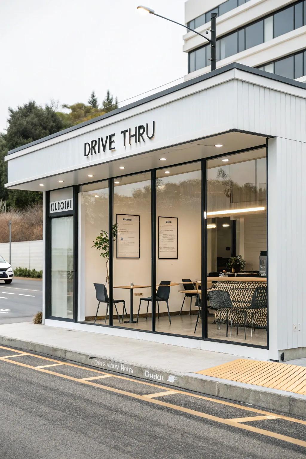 Minimalist drive-thru design presenting a pure and balanced aesthetic.