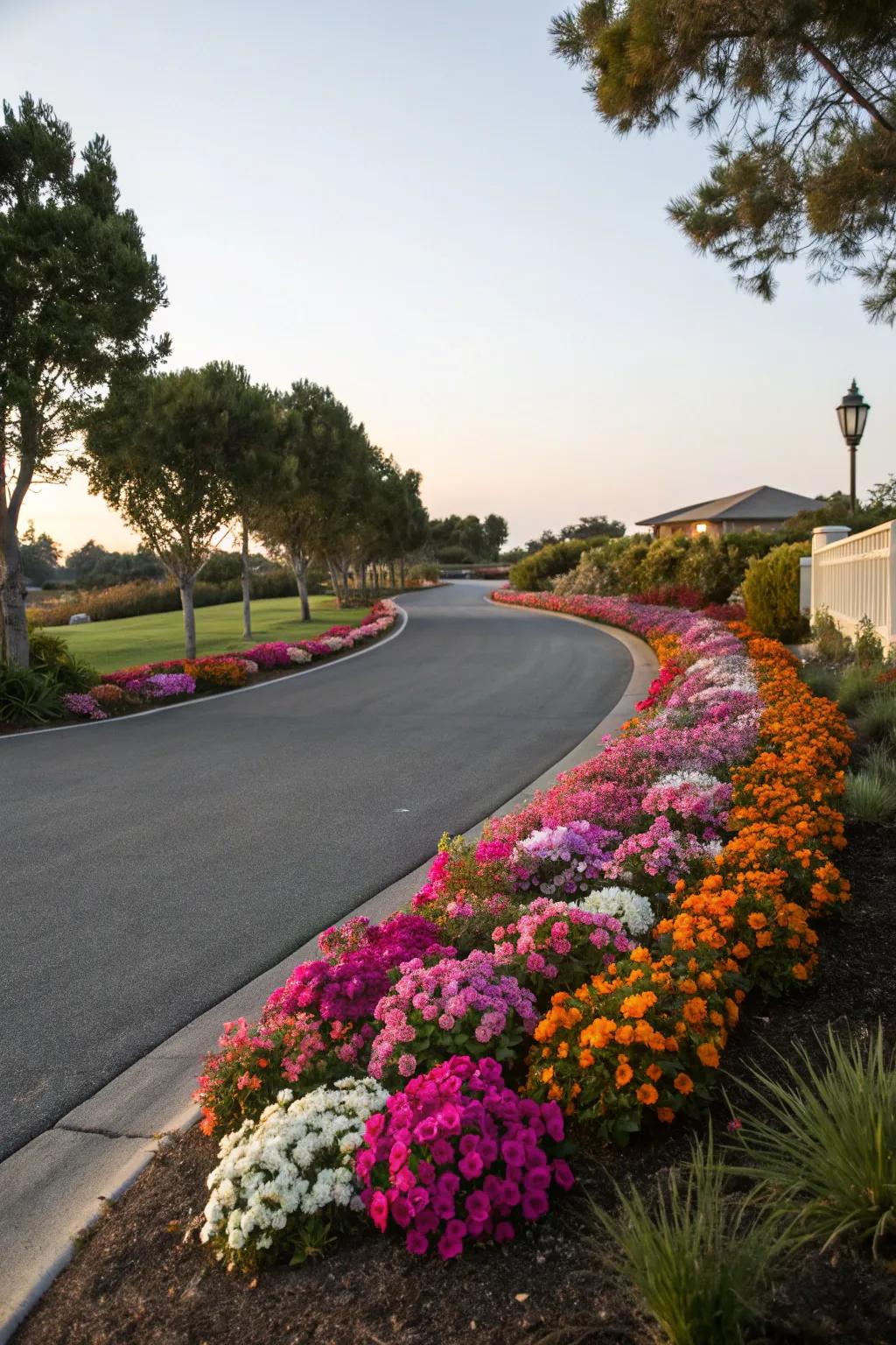 A blossom bank infuses color and appeal into this driveway.
