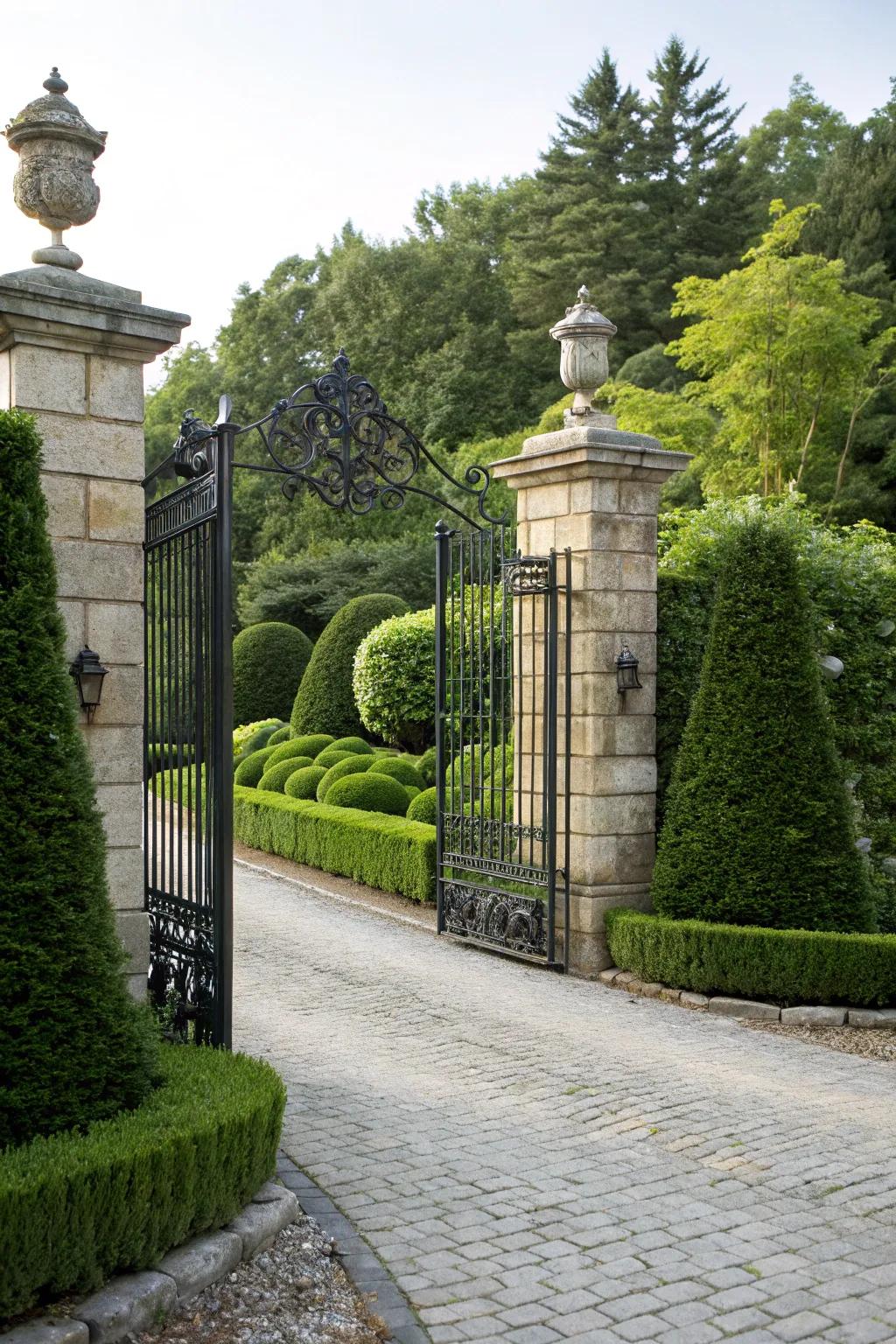 A timeless wrought iron gate offers an elegant and secure welcome.