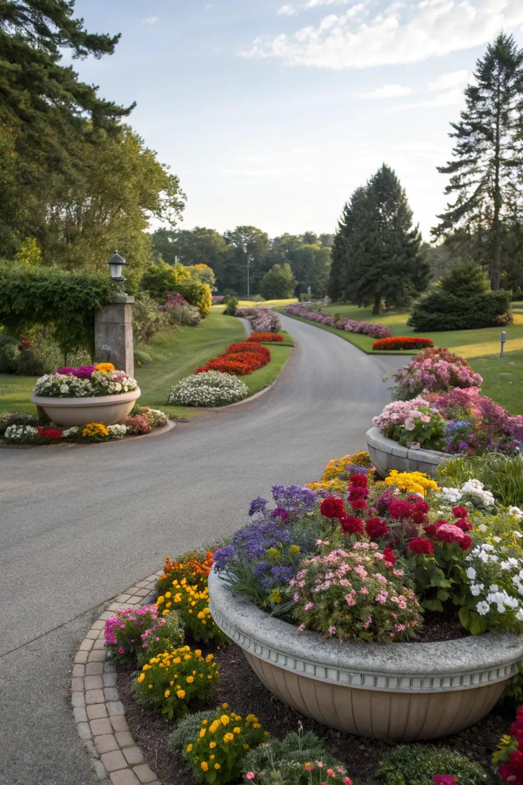 Round flower displays bring a burst of color and allure to your driveway's entryway.