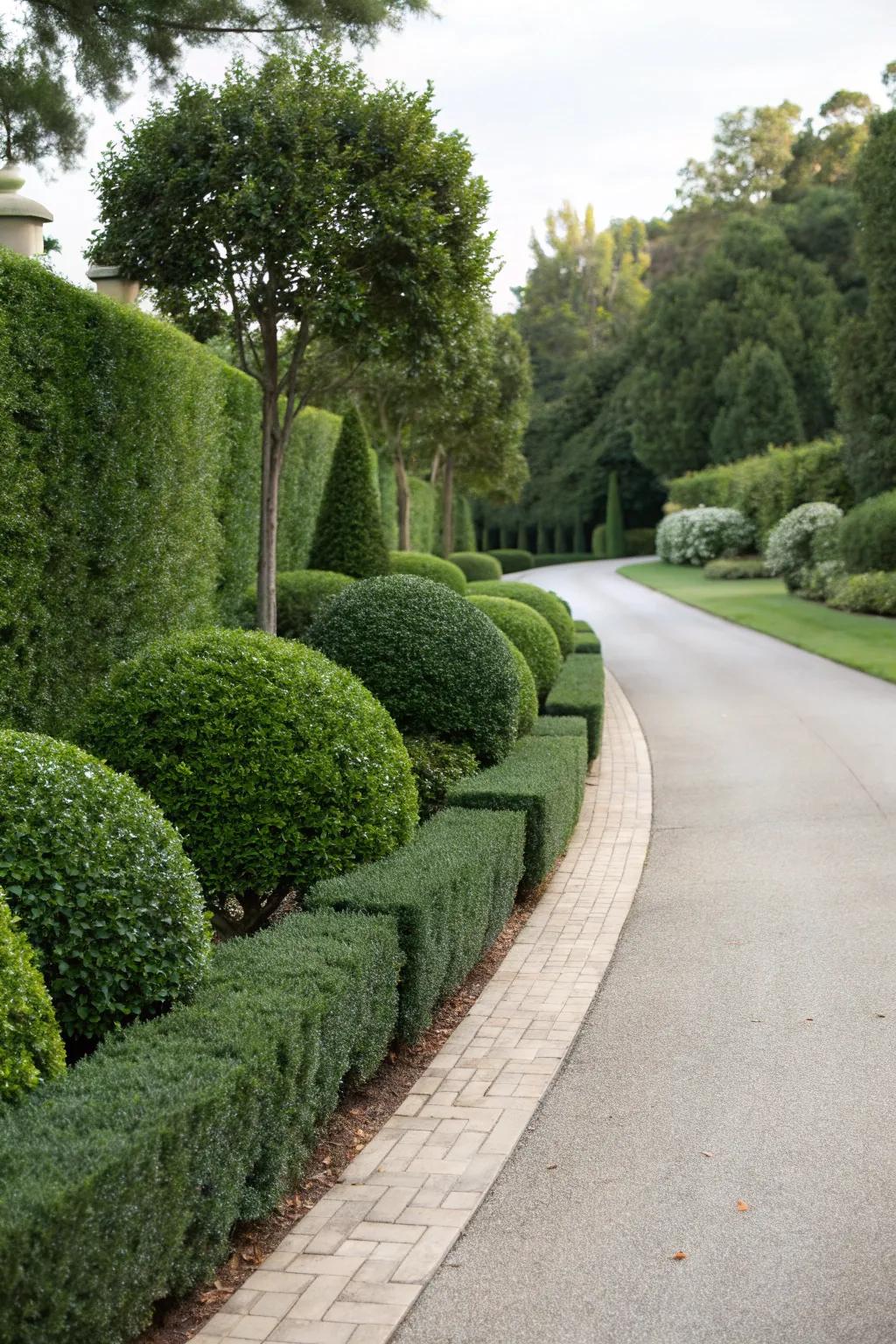A driveway exquisitely framed by traditional boxwood hedges.