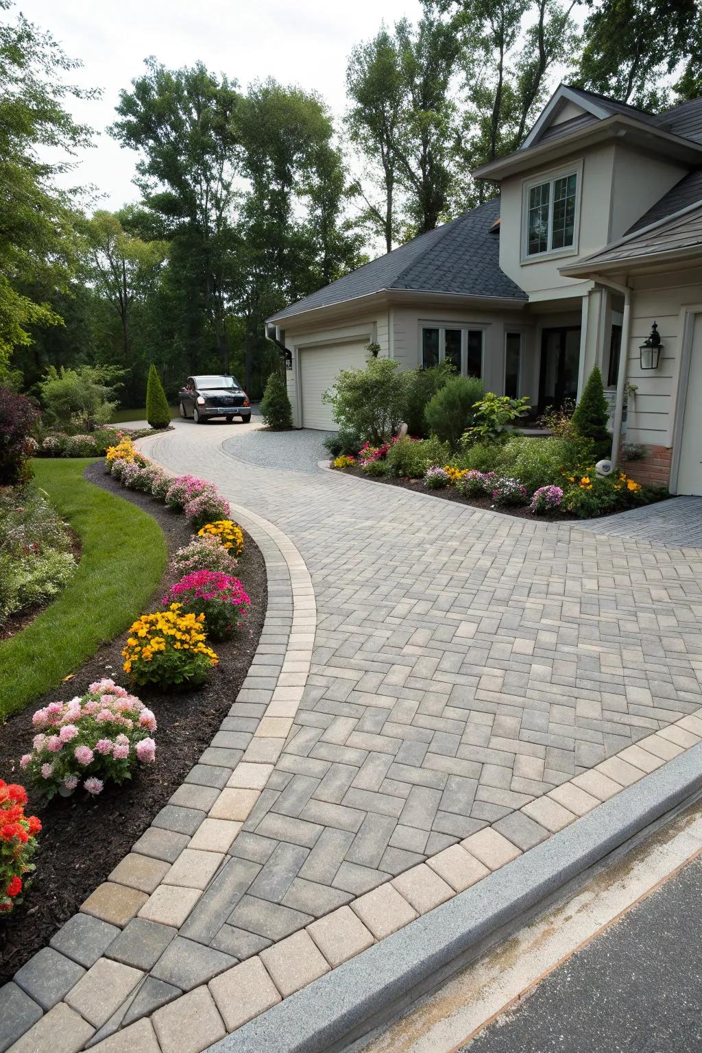 Classic herringbone block arrangement, providing an ageless appearance to a modern drive.