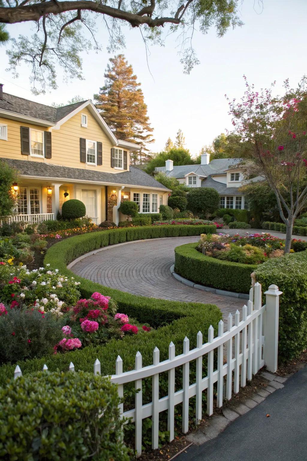 A quintessential circular driveway featuring a beautifully landscaped core.