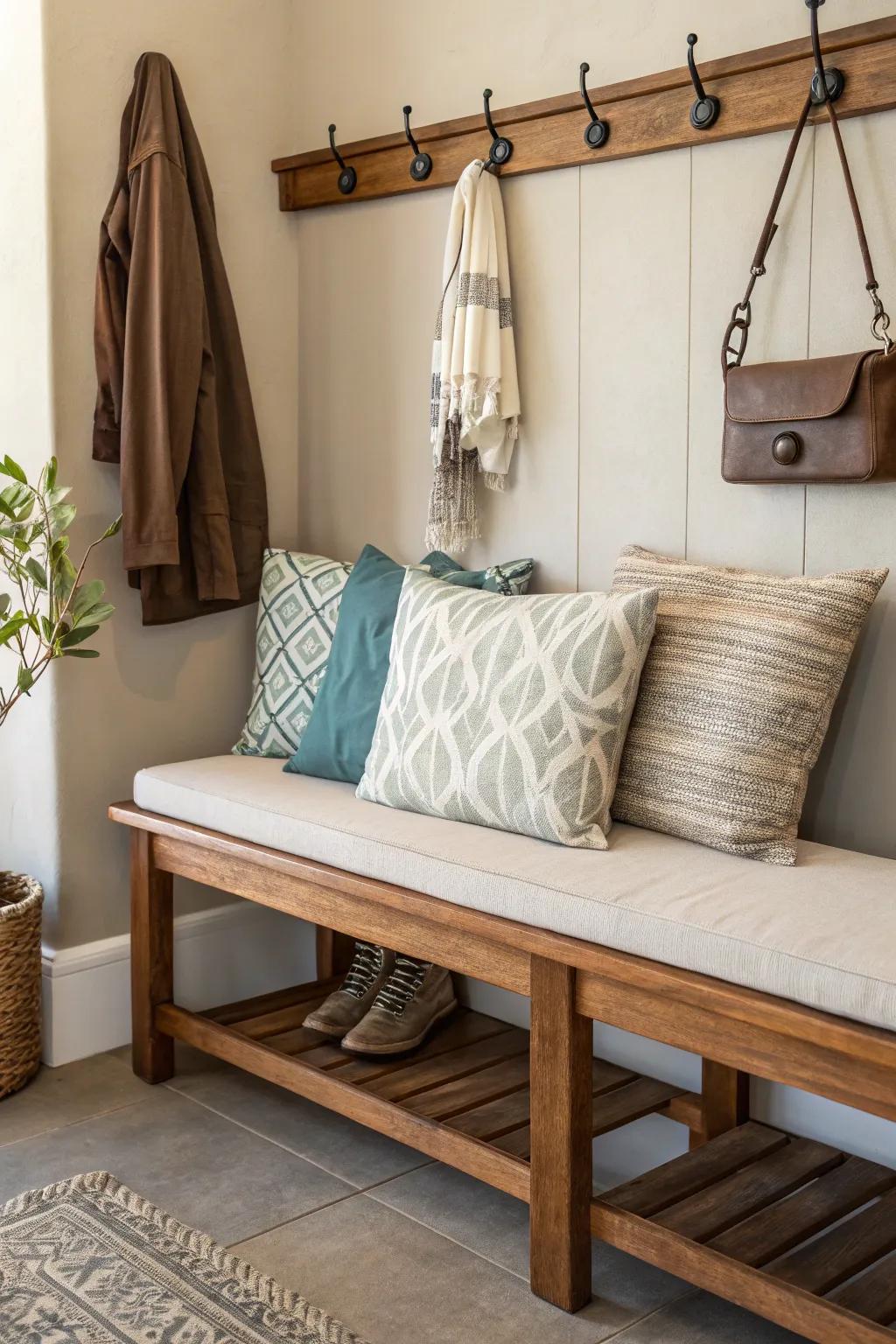 A cushioned bench creates an inviting drop zone.