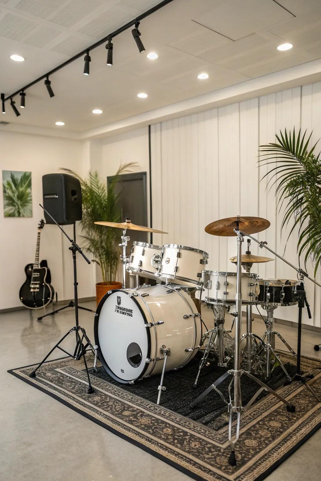Position the drum kit centrally to capture all the attention in the room.