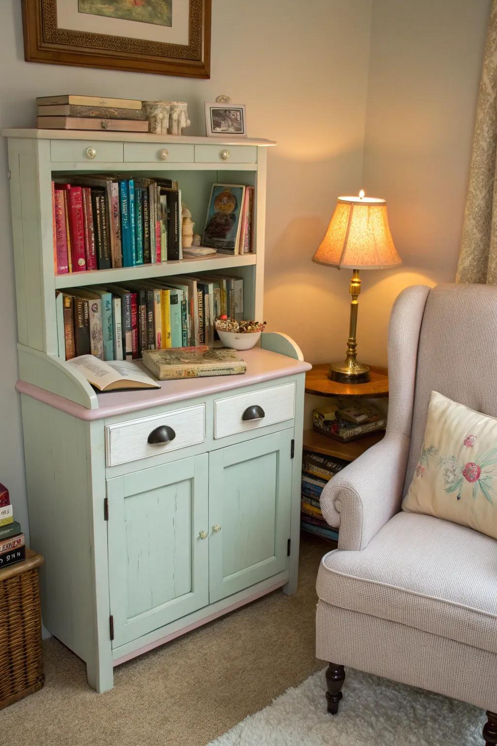 A vintage water closet table in soft pastels, a lovely addition to any reading spot.