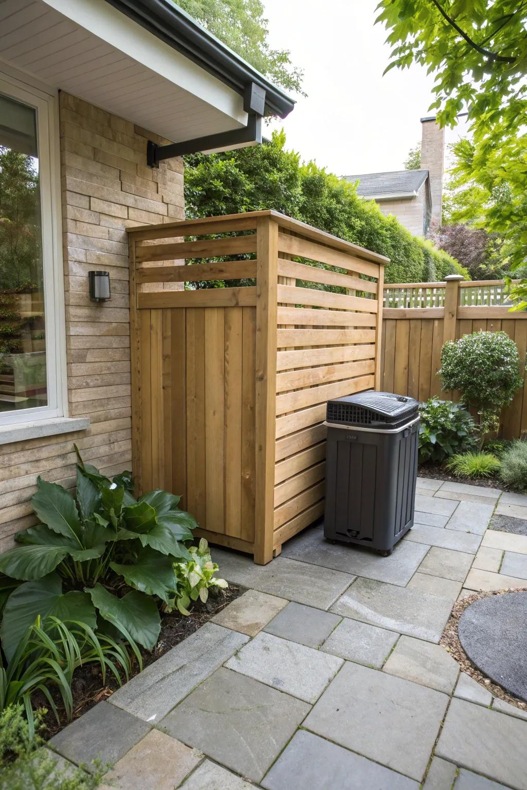 A wooden structure is a refined method to conceal refuse containers.