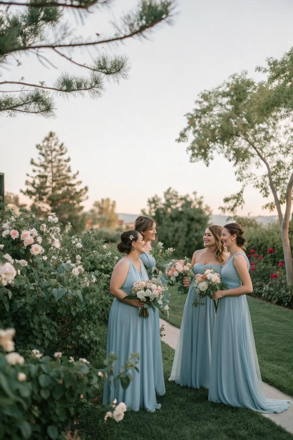 Bridesmaids looking radiant in misty blue dresses that enhance any wedding concept.